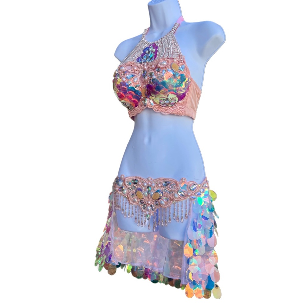 Peach Sequin Mermaid Bra and Skirt - Picture 3 of 7